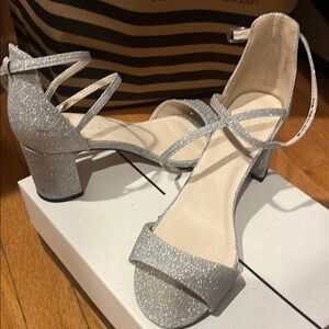 Silver Block Heel Glitter Sandals